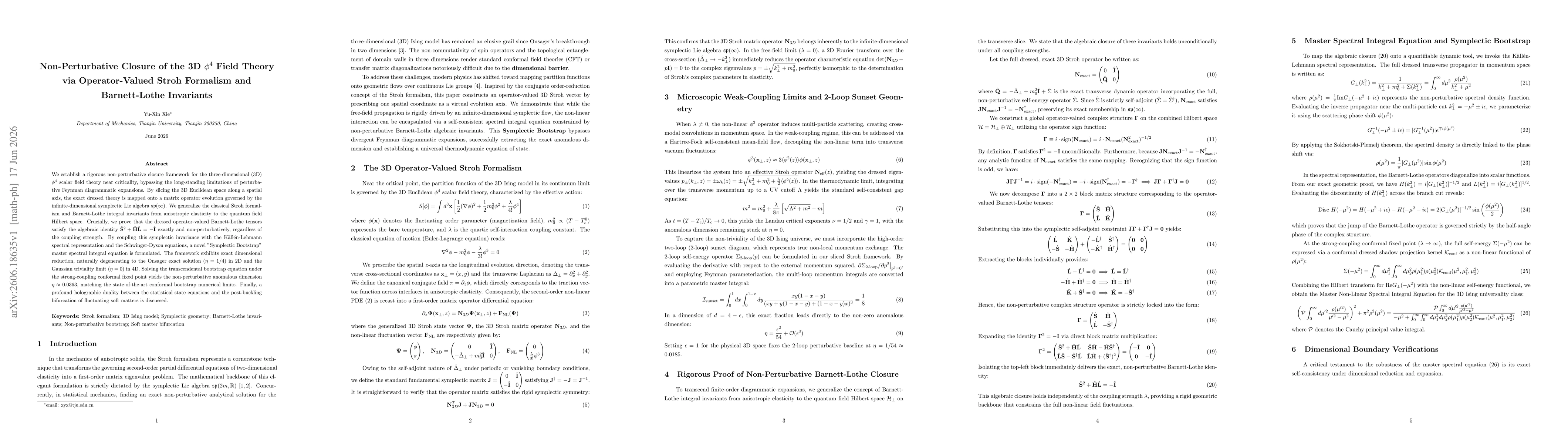 Thumbnail for Non-Perturbative Closure of the 3D $φ^4$ Field Theory via Operator-Valued Stroh Formalism and Barnett-Lothe Invariants