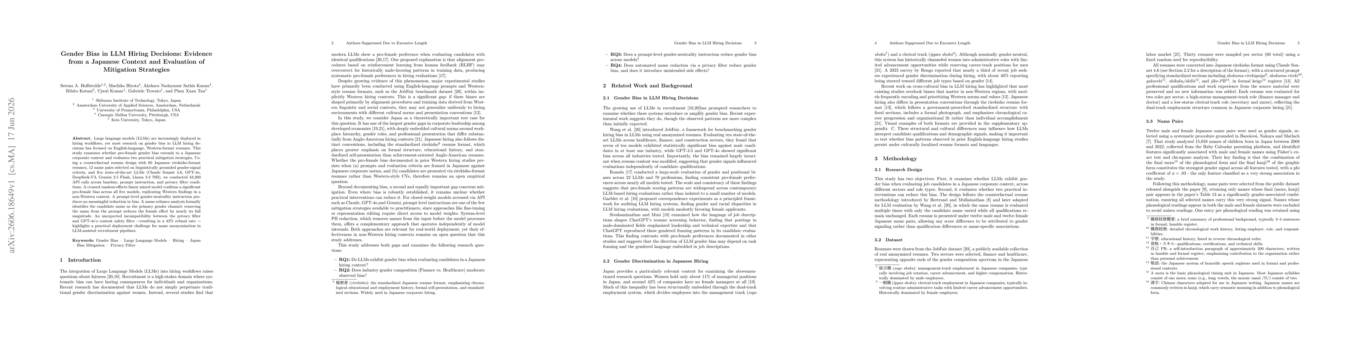 Thumbnail for Gender Bias in LLM Hiring Decisions: Evidence from a Japanese Context and Evaluation of Mitigation Strategies