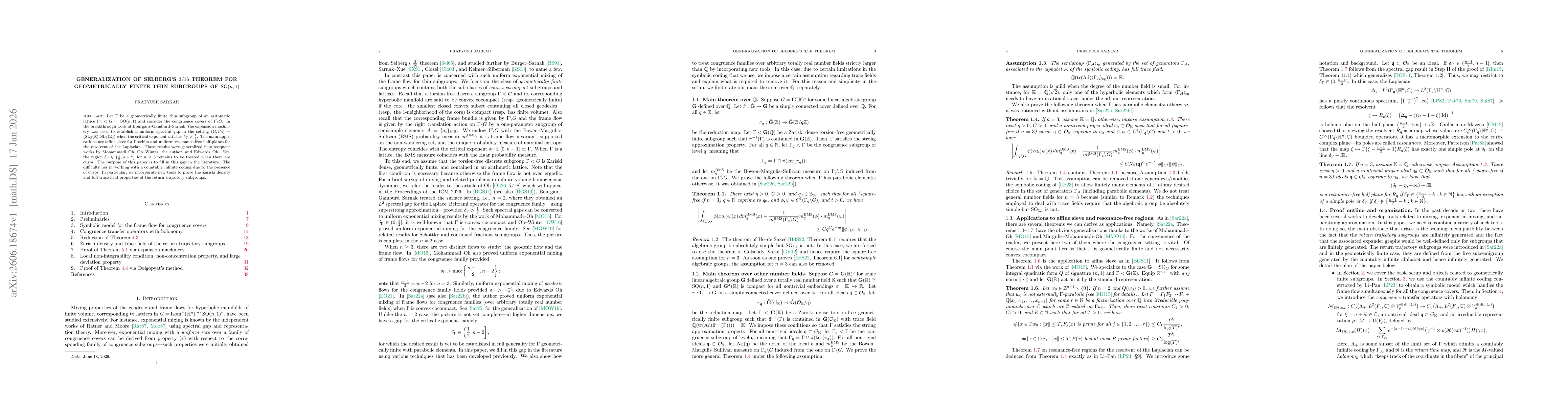 Thumbnail for Generalization of Selberg's $3/16$ theorem for geometrically finite thin subgroups of $\operatorname{SO}(n, 1)$