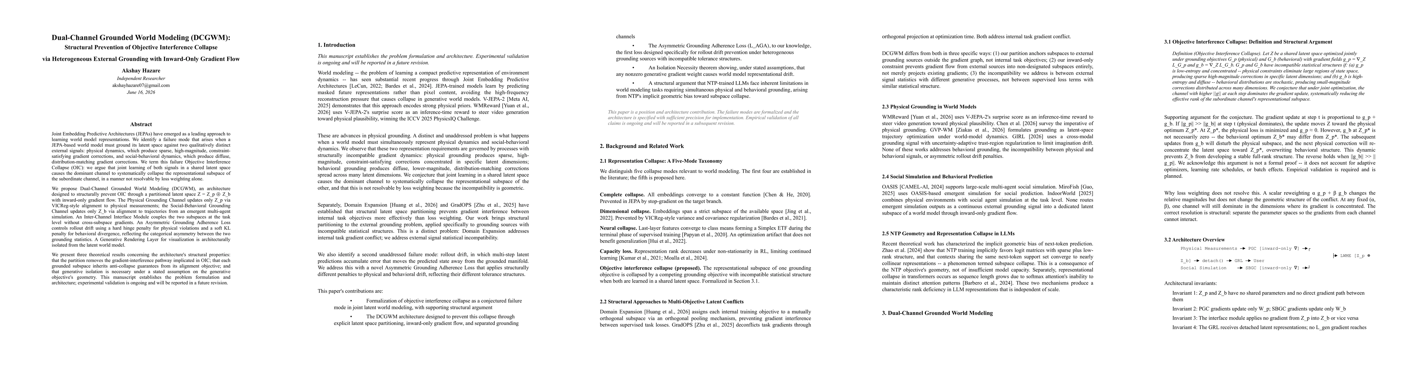 Thumbnail for Dual-Channel Grounded World Modeling (DCGWM): Structural Prevention of Objective Interference Collapse via Heterogeneous External Grounding with Inward-Only Gradient Flow