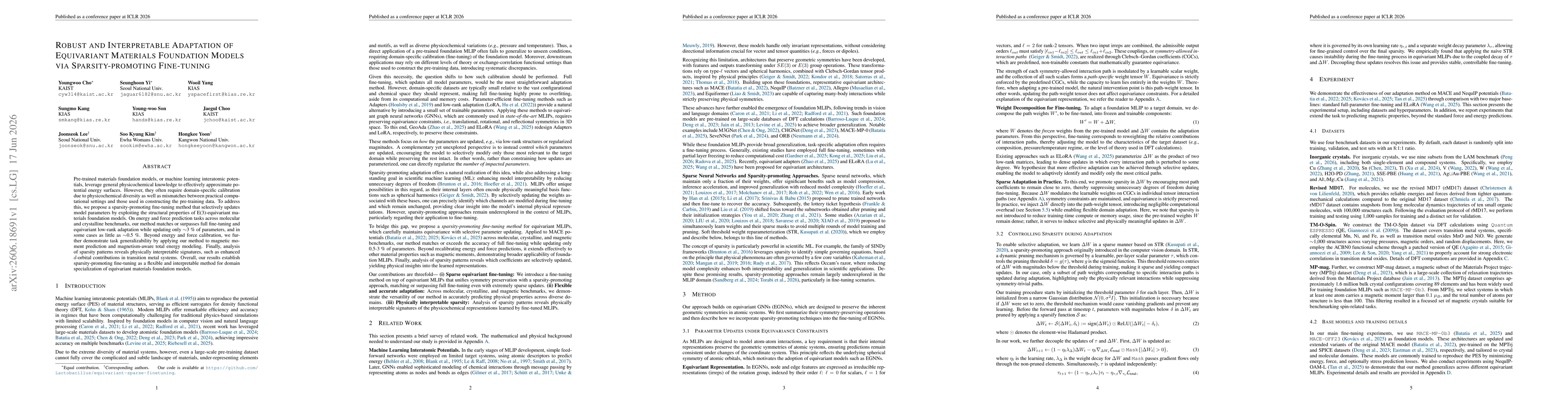 Thumbnail for Robust and Interpretable Adaptation of Equivariant Materials Foundation Models via Sparsity-promoting Fine-tuning