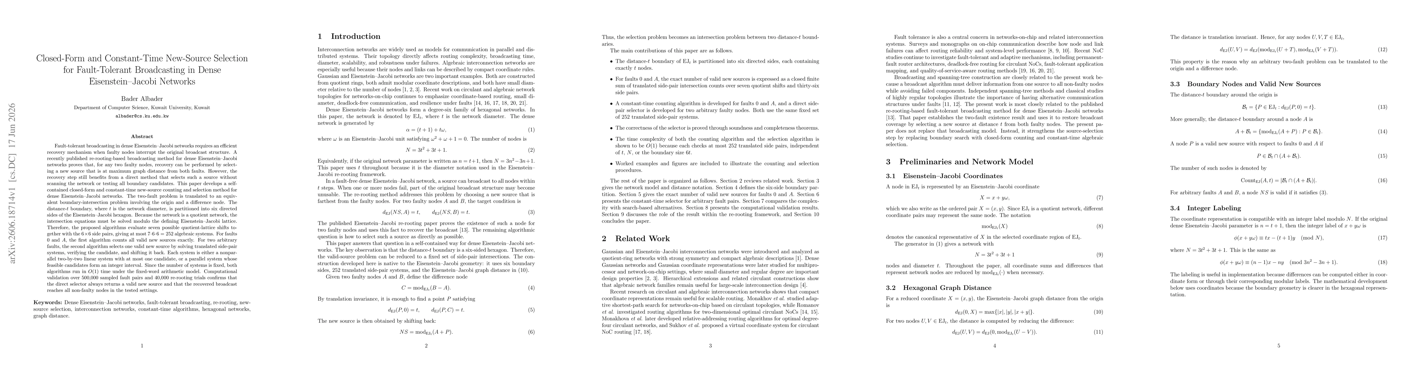 Thumbnail for Closed-Form and Constant-Time New-Source Selection for Fault-Tolerant Broadcasting in Dense Eisenstein--Jacobi Networks