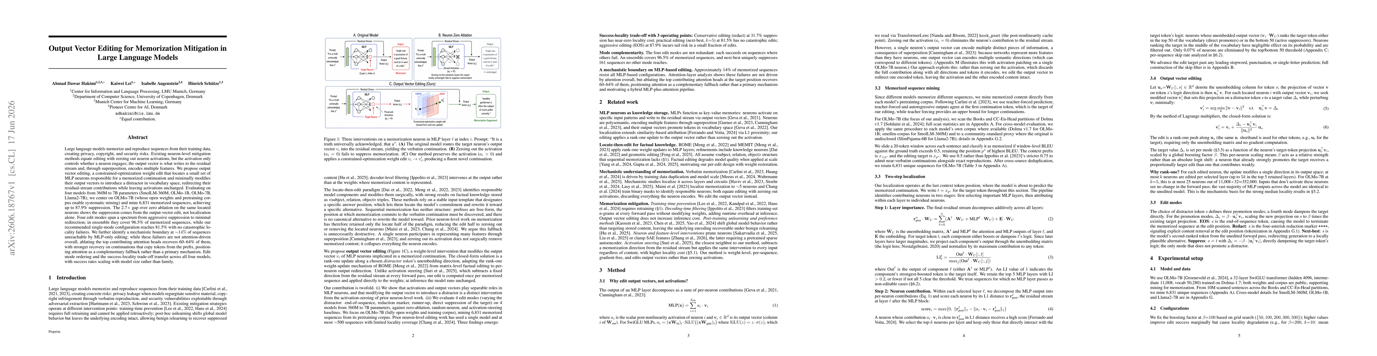 Thumbnail for Output Vector Editing for Memorization Mitigation in Large Language Models