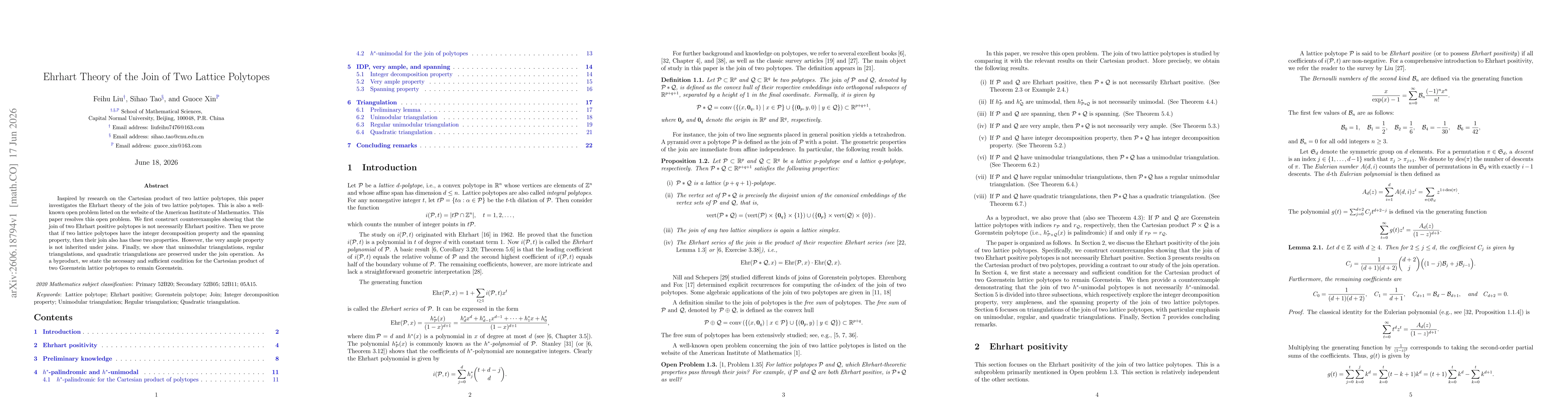 Thumbnail for Ehrhart Theory of the Join of Two Lattice Polytopes