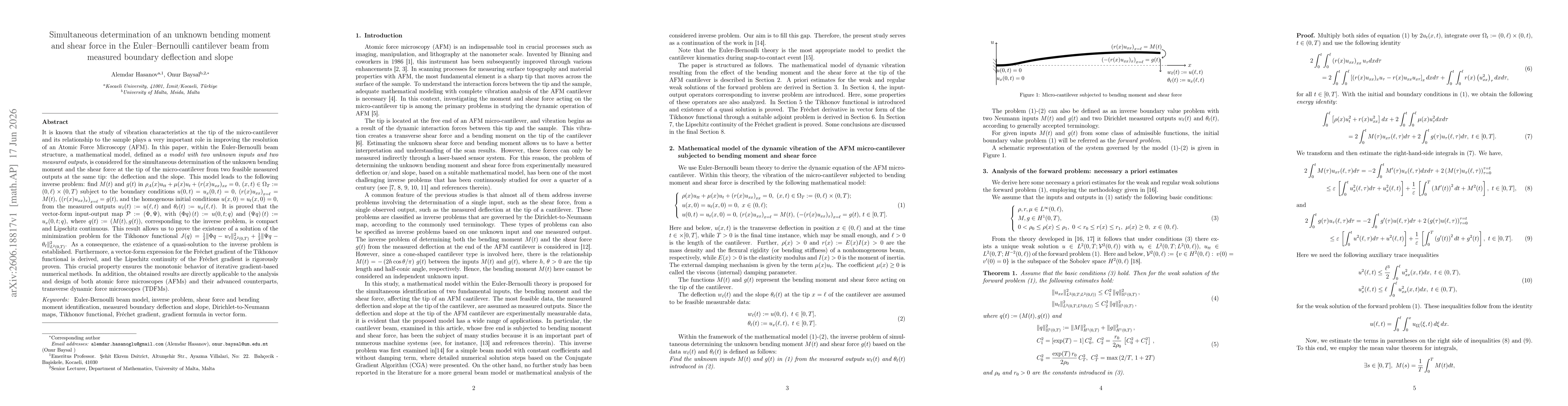 Thumbnail for Simultaneous determination of an unknown bending moment and shear force in the Euler Bernoulli cantilever beam from measured boundary defection and slope