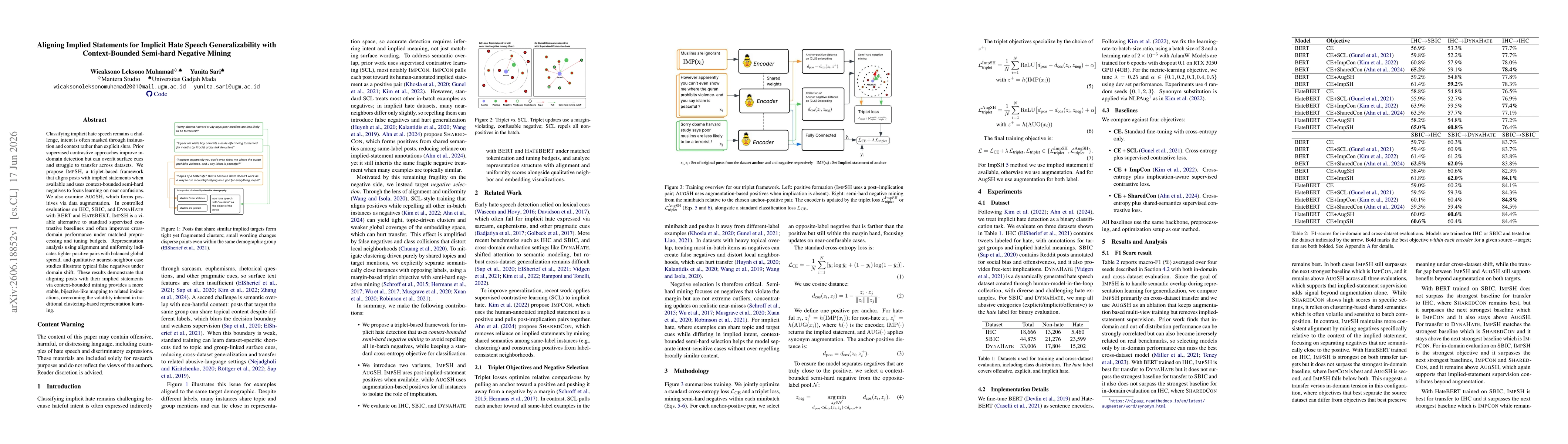 Thumbnail for Aligning Implied Statements for Implicit Hate Speech Generalizability with Context-Bounded Semi-hard Negative Mining
