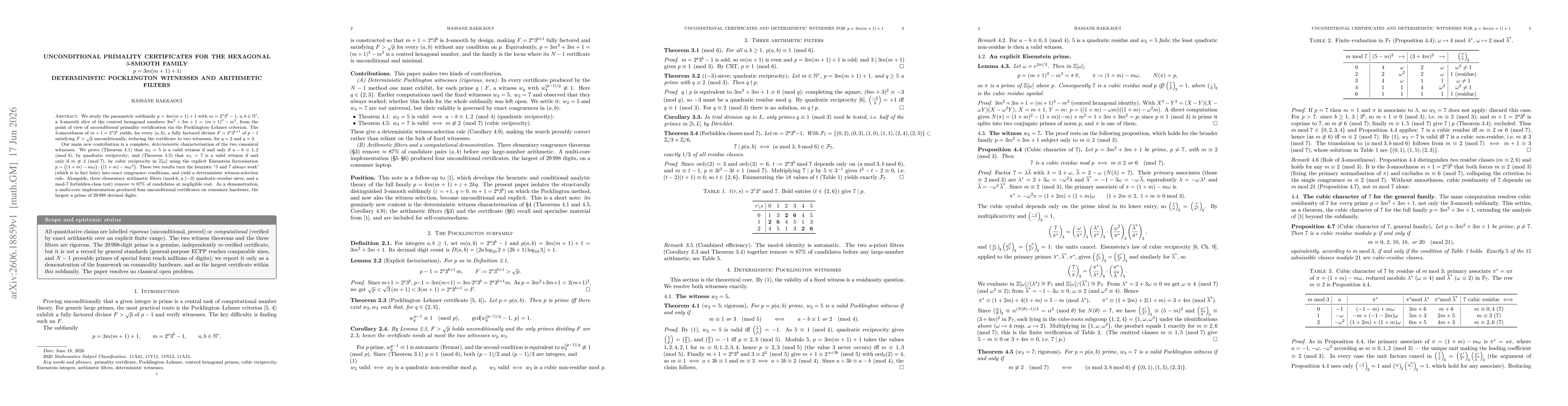 Thumbnail for Unconditional Primality Certificates for the Hexagonal 3-smooth Family p = 3m(m+1) + 1: Deterministic Pocklington Witnesses and Arithmetic Filters