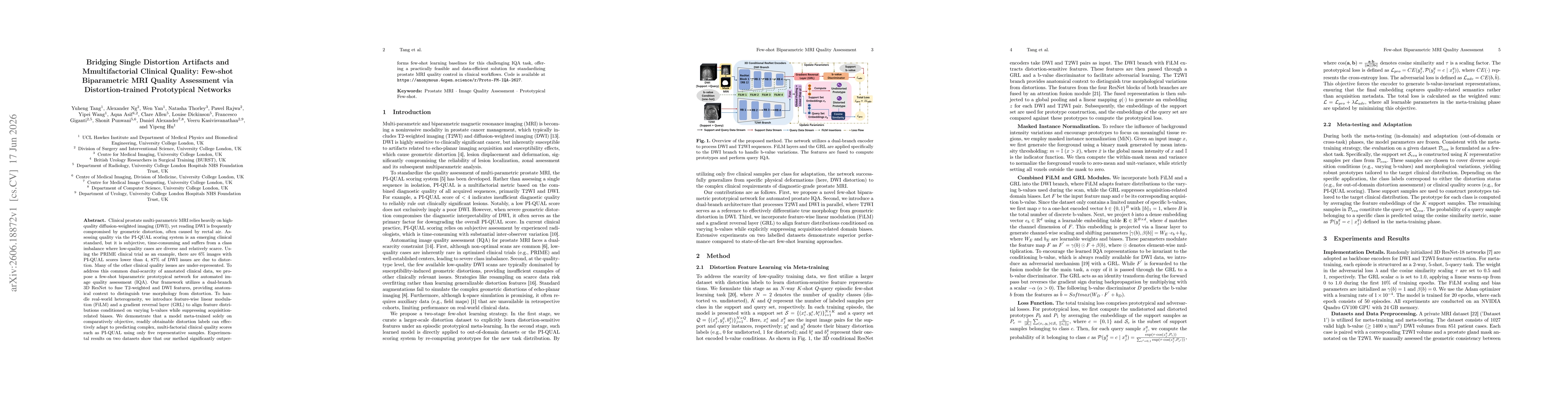 Thumbnail for Bridging Single Distortion Artifacts and Mmultifactorial Clinical Quality: Few-shot Biparametric MRI Quality Assessment via Distortion-trained Prototypical Networks