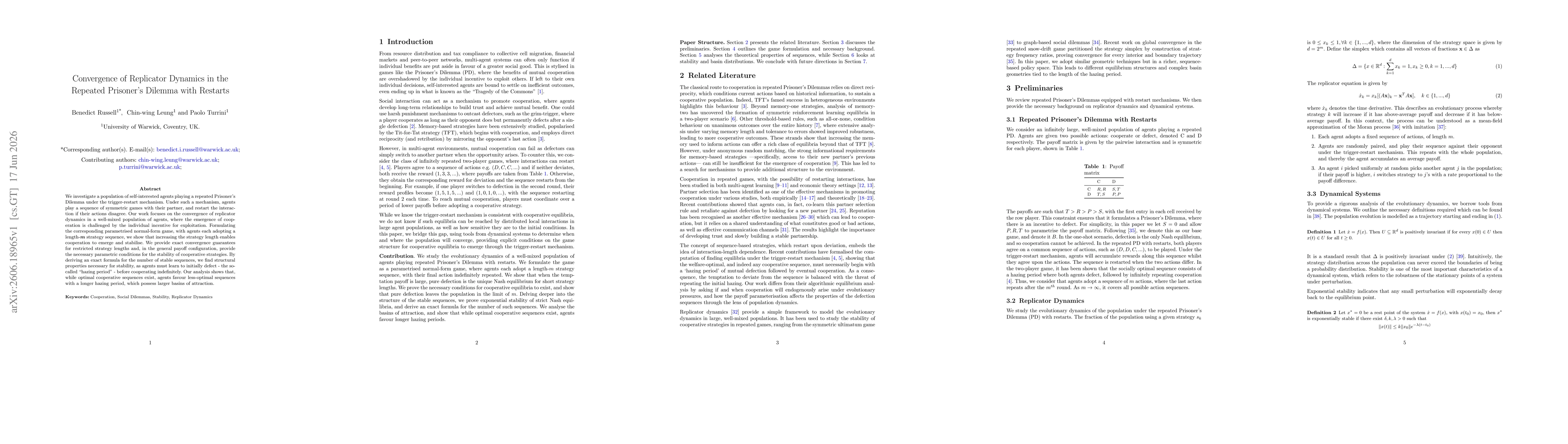 Thumbnail for Convergence of Replicator Dynamics in the Repeated Prisoner's Dilemma with Restarts