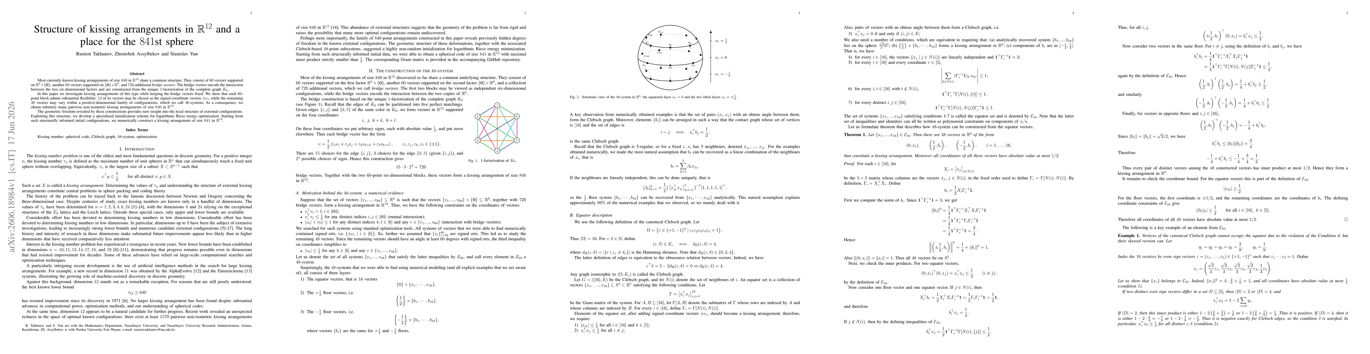 Thumbnail for Structure of kissing arrangements in ${\mathbb R}^{12}$ and a place for the $841$st sphere