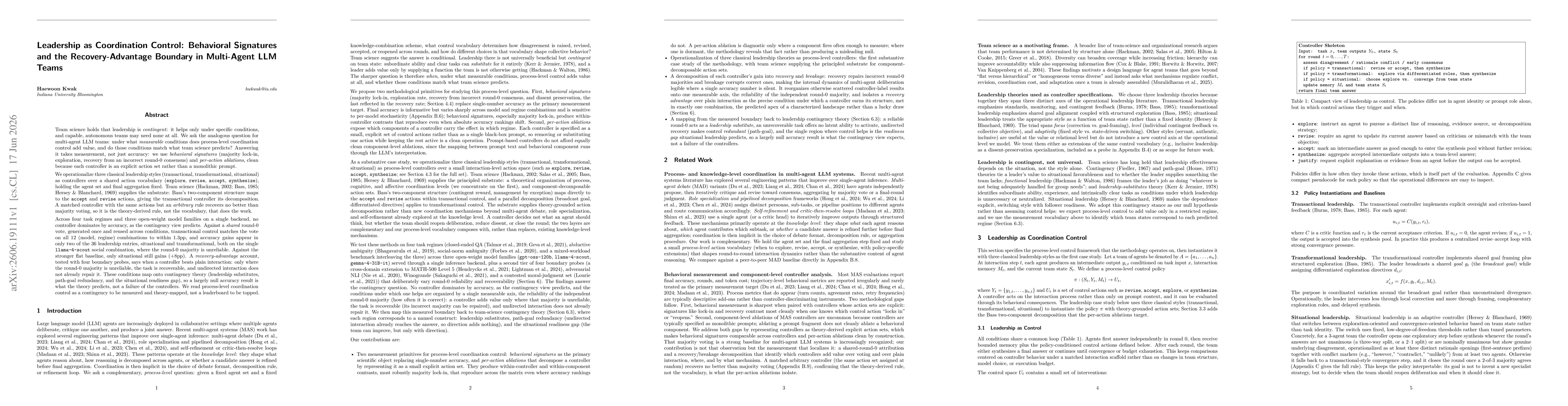 Thumbnail for Leadership as Coordination Control: Behavioral Signatures and the Recovery-Advantage Boundary in Multi-Agent LLM Teams