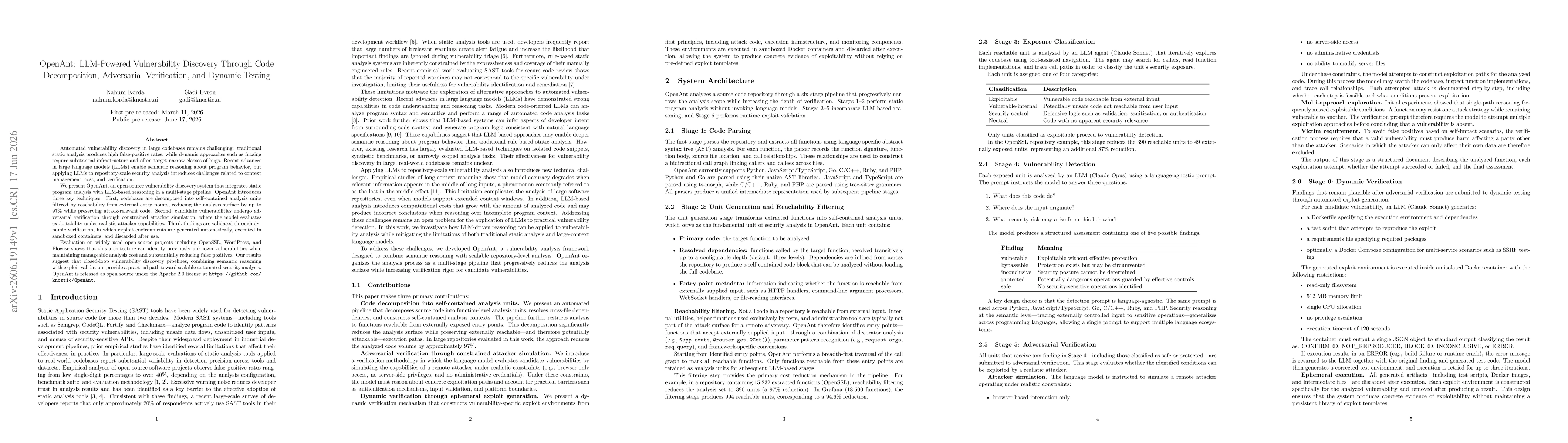 Thumbnail for OpenAnt: LLM-Powered Vulnerability Discovery Through Code Decomposition, Adversarial Verification, and Dynamic Testing