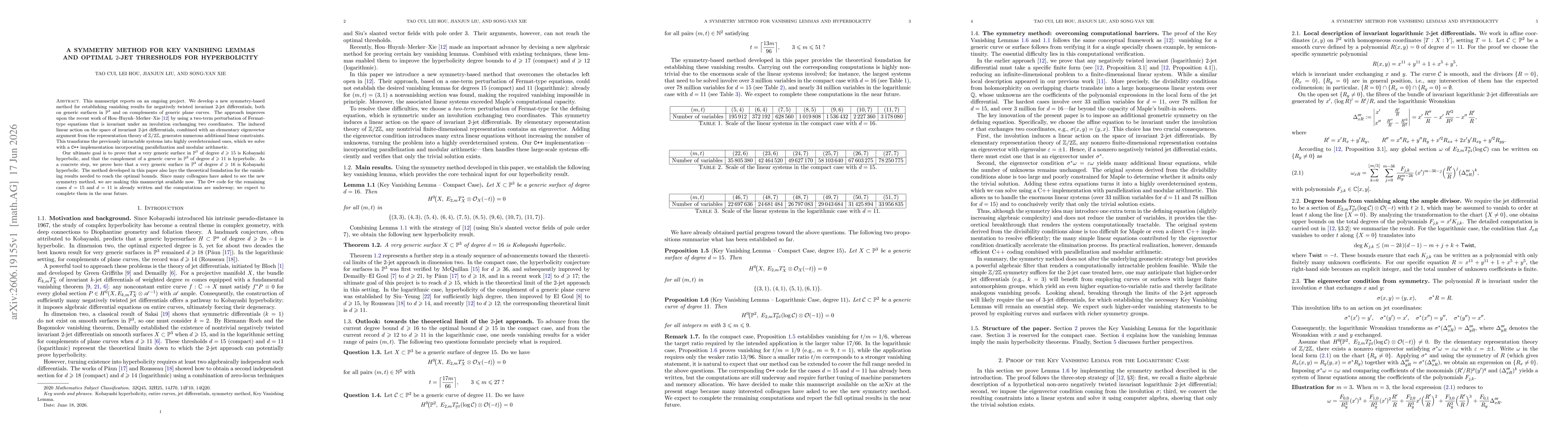 Thumbnail for A Symmetry Method for Key Vanishing Lemmas and Optimal $2$-Jet Thresholds for Hyperbolicity