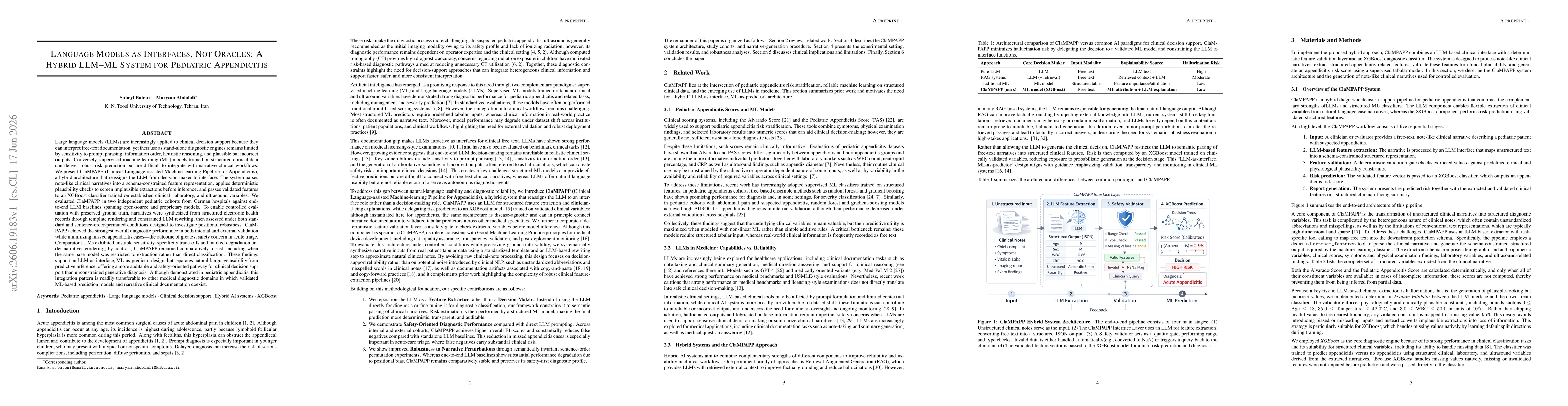 Thumbnail for Language Models as Interfaces, Not Oracles: A Hybrid LLM-ML System for Pediatric Appendicitis