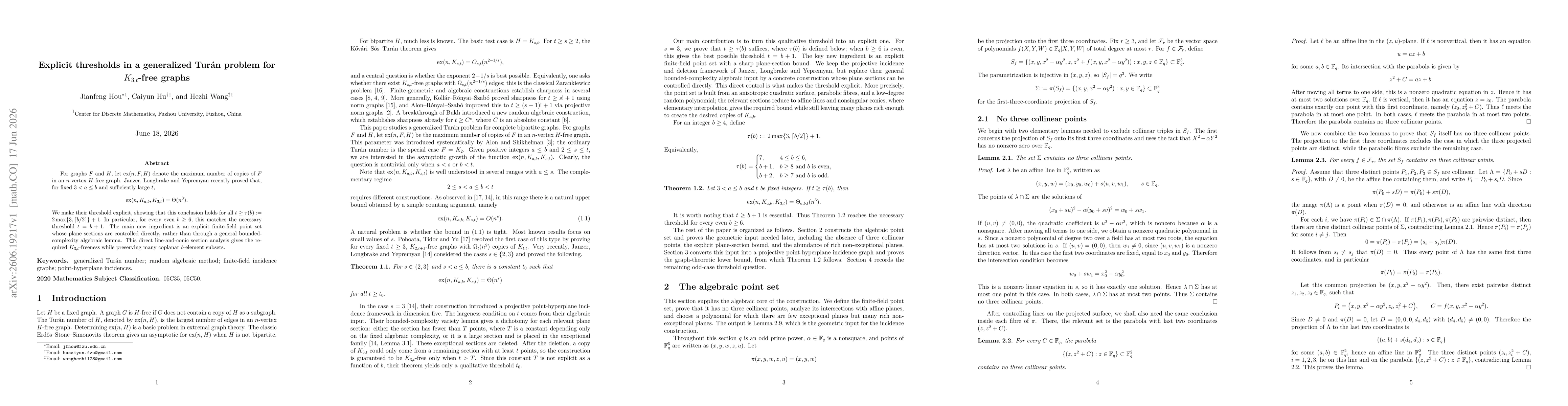 Thumbnail for Explicit thresholds in a generalized Turán problem for \(K_{3,t}\)-free graphs