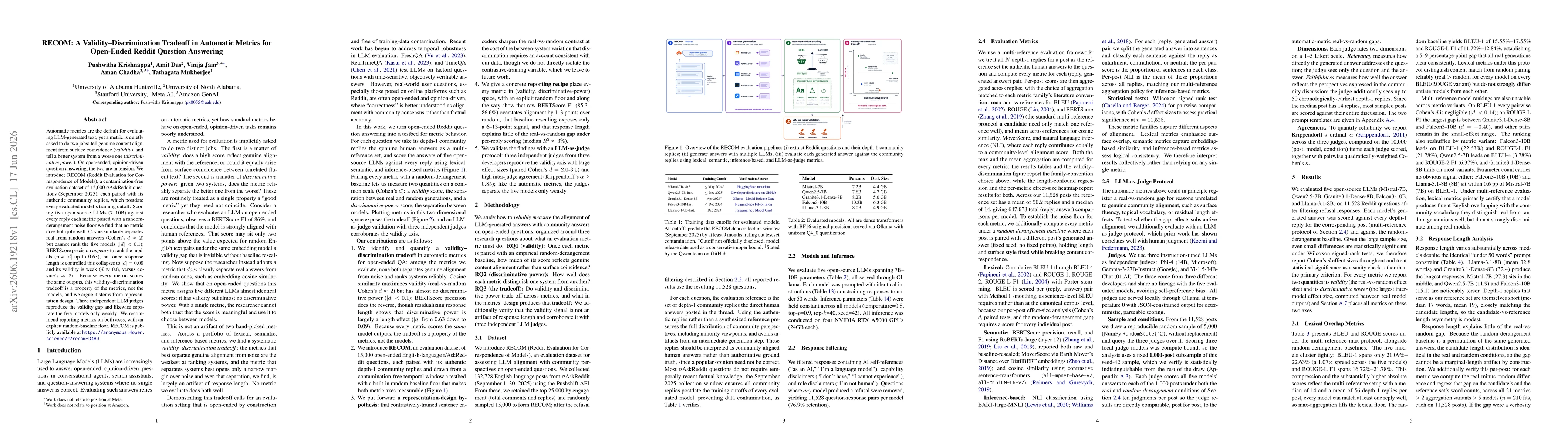 Thumbnail for RECOM: A Validity Discrimination Tradeoff in Automatic Metrics for Open Ended Reddit Question Answering