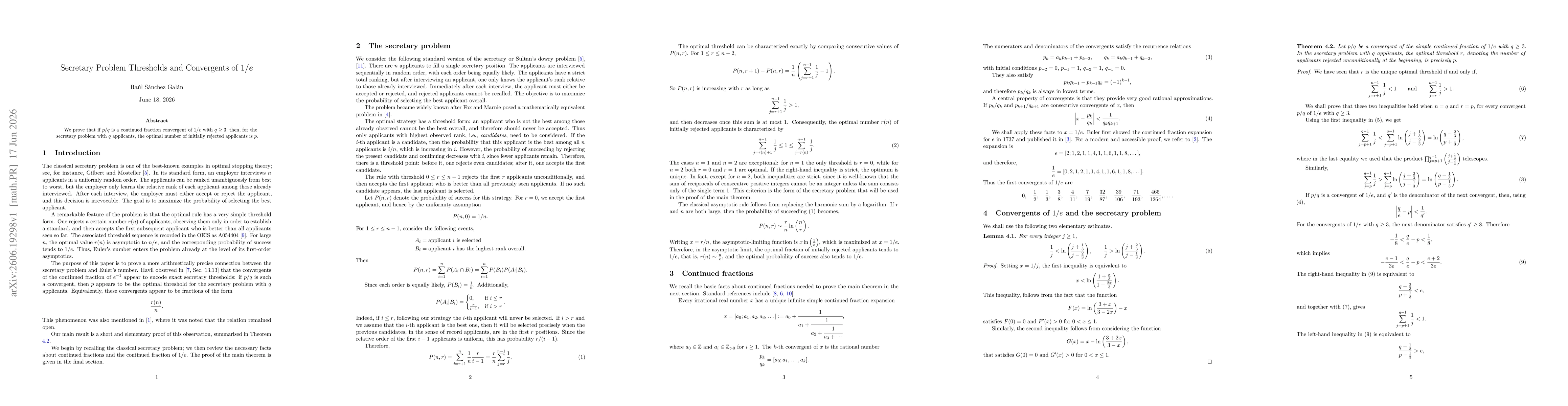 Thumbnail for Secretary Problem Thresholds and Convergents of $1/e$