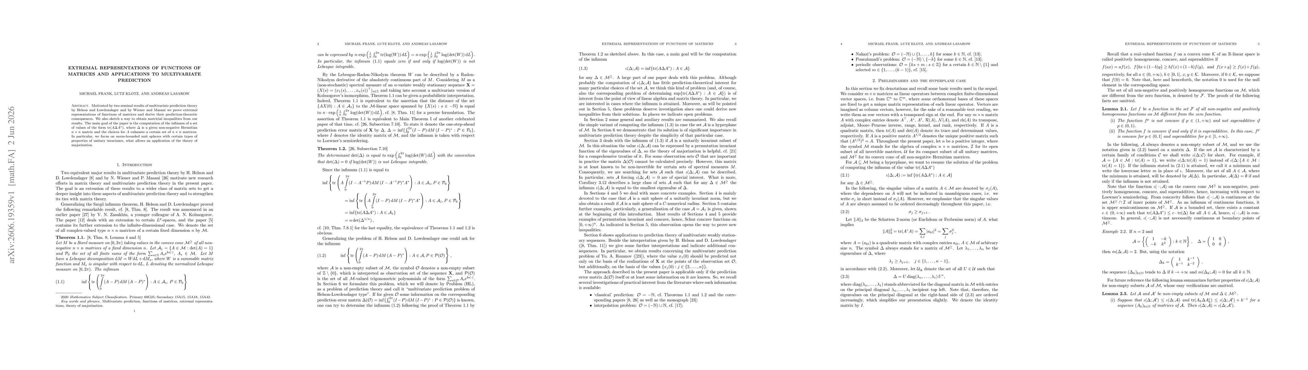 Thumbnail for Extremal representations of functions of matrices and applications to multivariate prediction