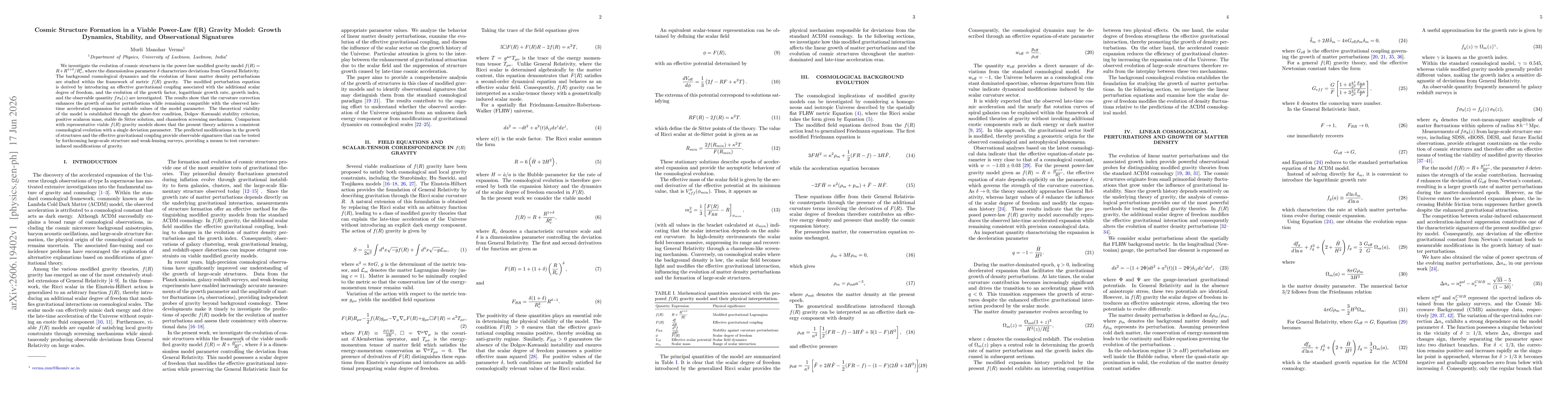 Thumbnail for Cosmic Structure Formation in a Viable Power-Law f(R) Gravity Model: Growth Dynamics, Stability, and Observational Signatures