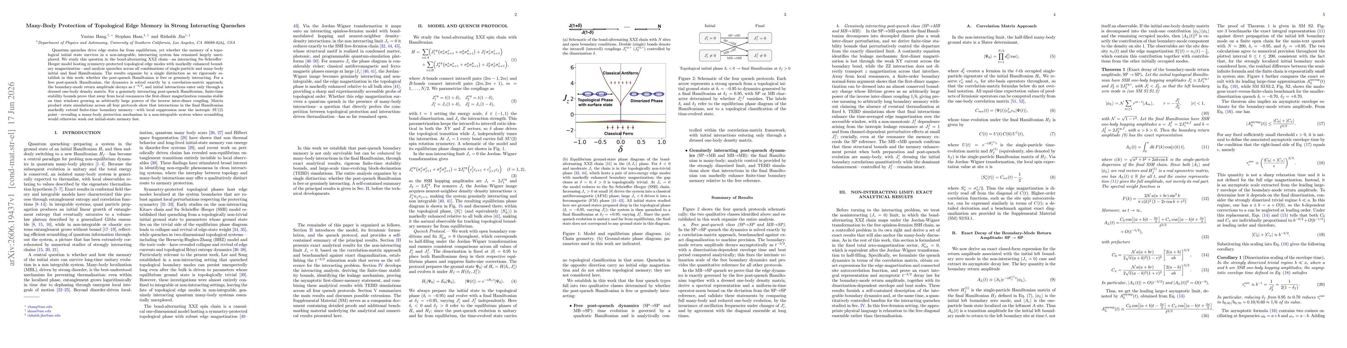 Thumbnail for Many-Body Protection of Topological Edge Memory in Strong Interacting Quenches