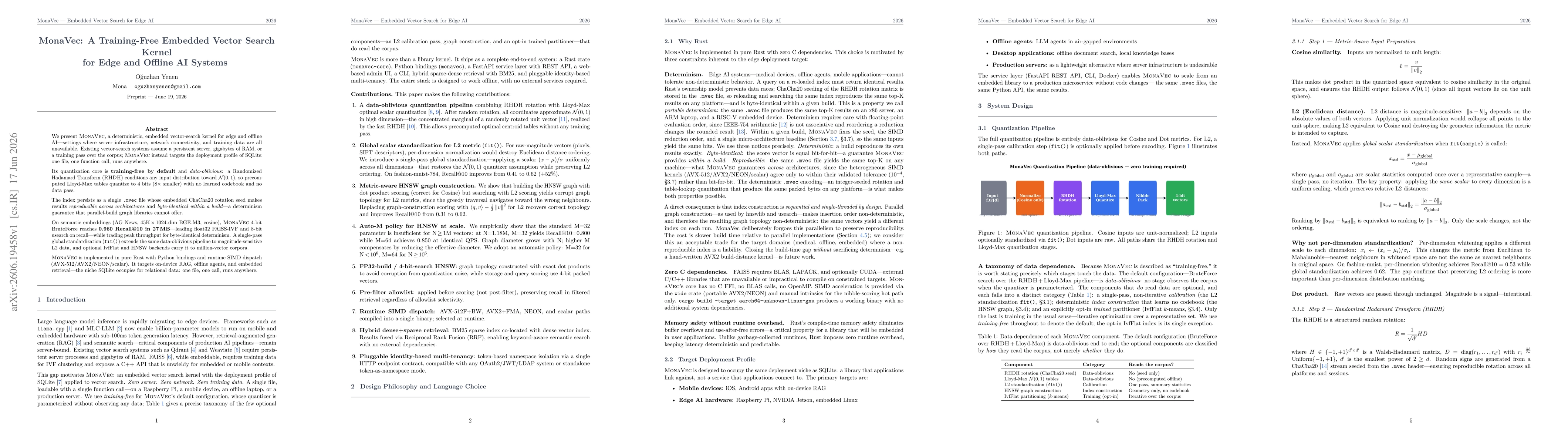 Thumbnail for MonaVec: A Training-Free Embedded Vector Search Kernel for Edge and Offline AI Systems