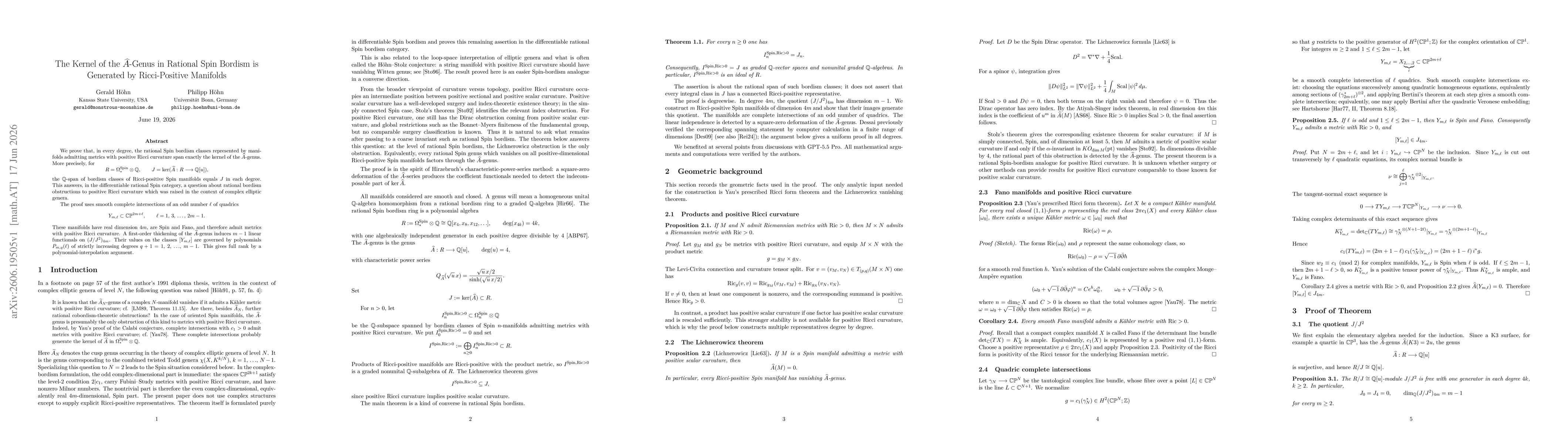 Thumbnail for The Kernel of the $\hat A$-Genus in Rational Spin Bordism is Generated by Ricci-Positive Manifolds