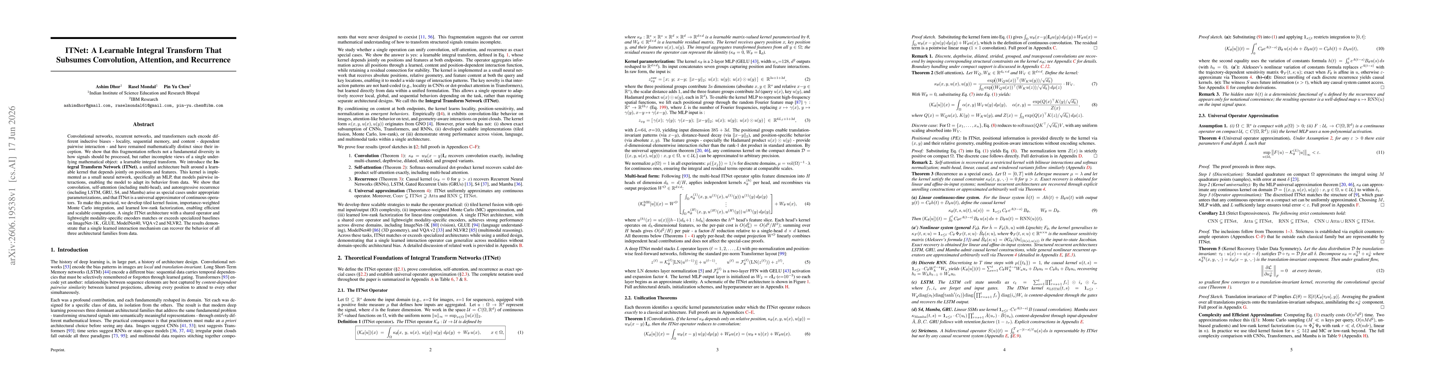 Thumbnail for ITNet: A Learnable Integral Transform That Subsumes Convolution, Attention, and Recurrence