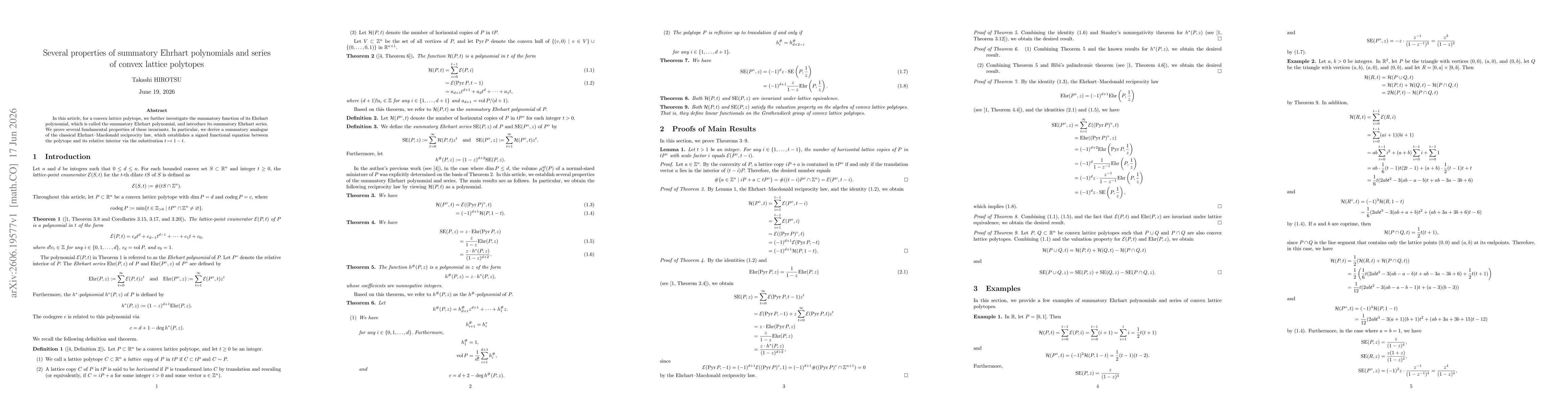 Thumbnail for Several properties of summatory Ehrhart polynomials and series of convex lattice polytopes