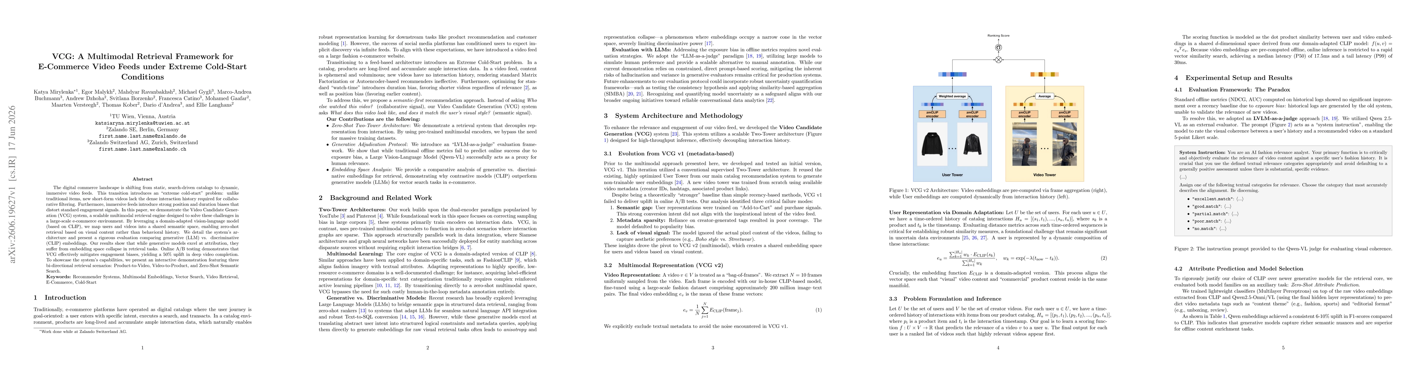 Thumbnail for VCG: A Multimodal Retrieval Framework for E-Commerce Video Feeds under Extreme Cold-Start Conditions