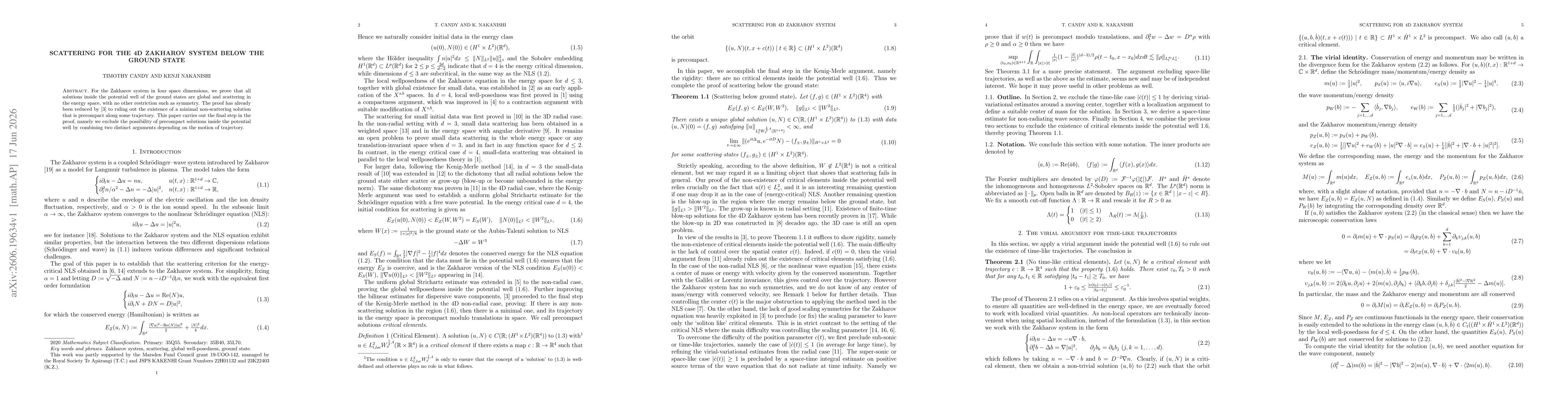 Thumbnail for Scattering for the 4D Zakharov system below the ground state