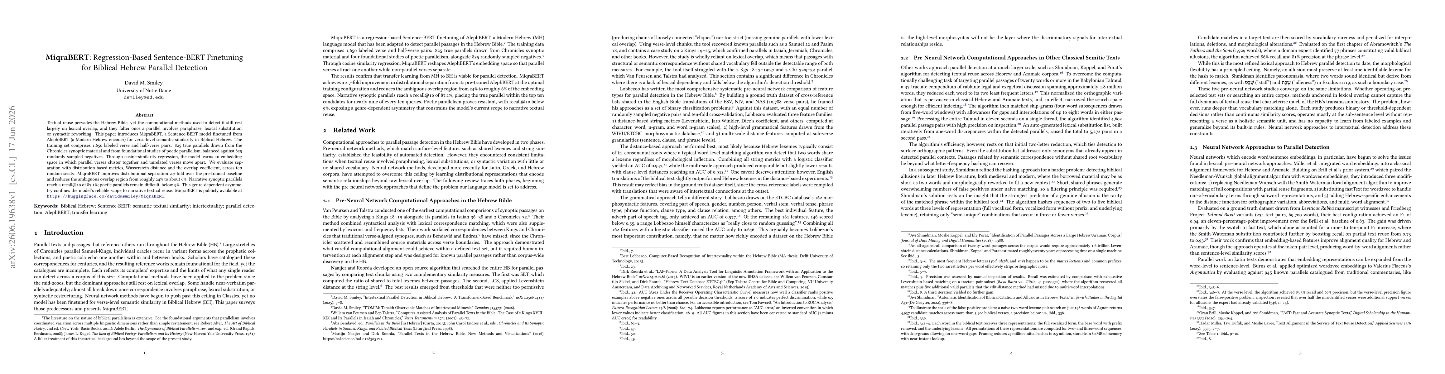 Thumbnail for MiqraBERT: Regression-Based Sentence-BERT Finetuning for Biblical Hebrew Parallel Detection