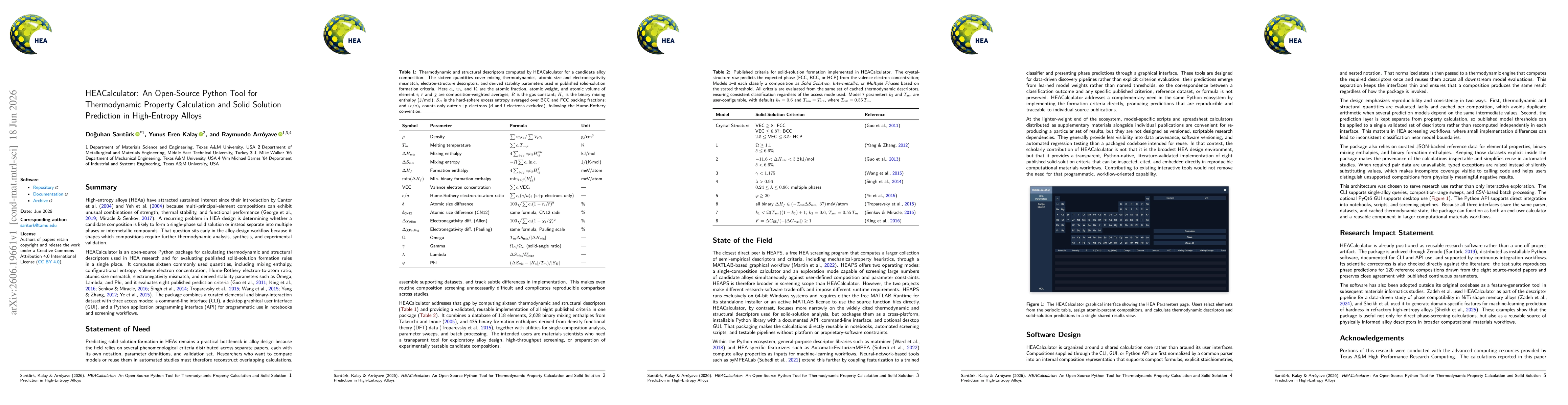 Thumbnail for HEACalculator: An Open-Source Python Tool for Thermodynamic Property Calculation and Solid Solution Prediction in High-Entropy Alloys