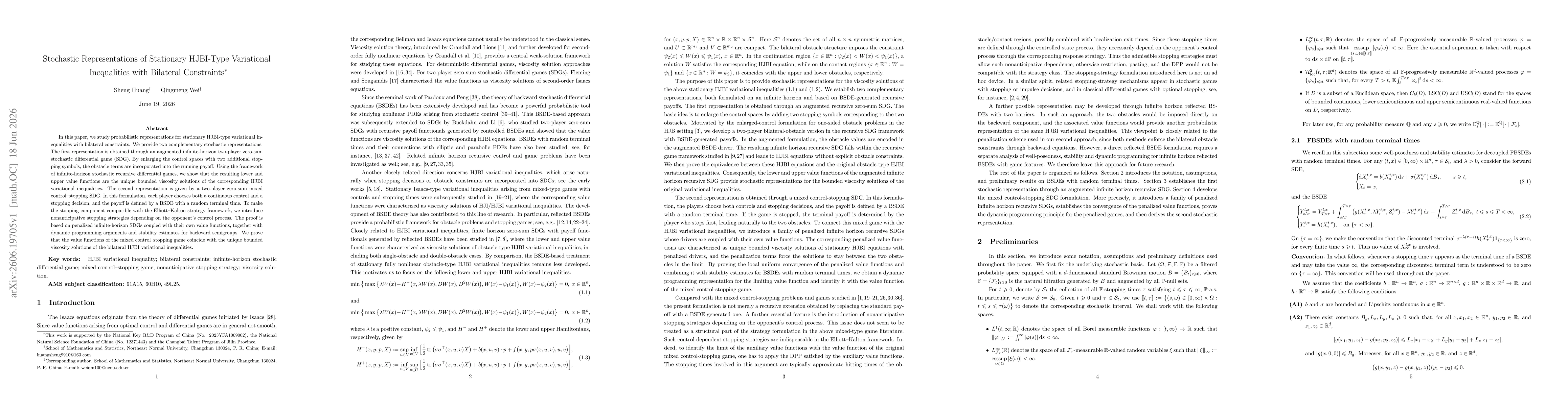 Thumbnail for Stochastic Representations of Stationary HJBI-Type Variational Inequalities with Bilateral Constraints