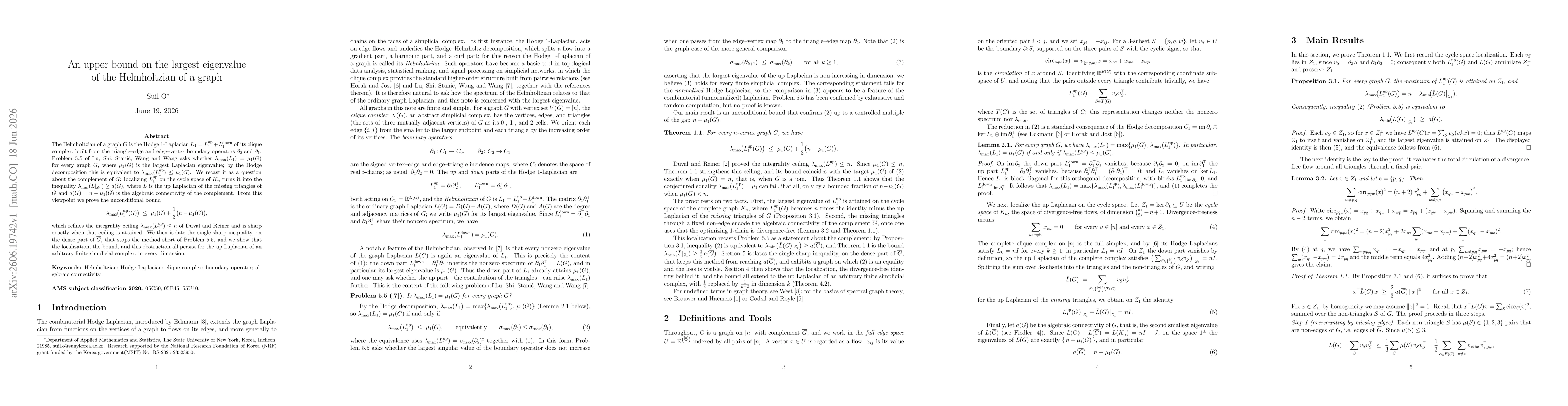 Thumbnail for An upper bound on the largest eigenvalue of the Helmholtzian of a graph