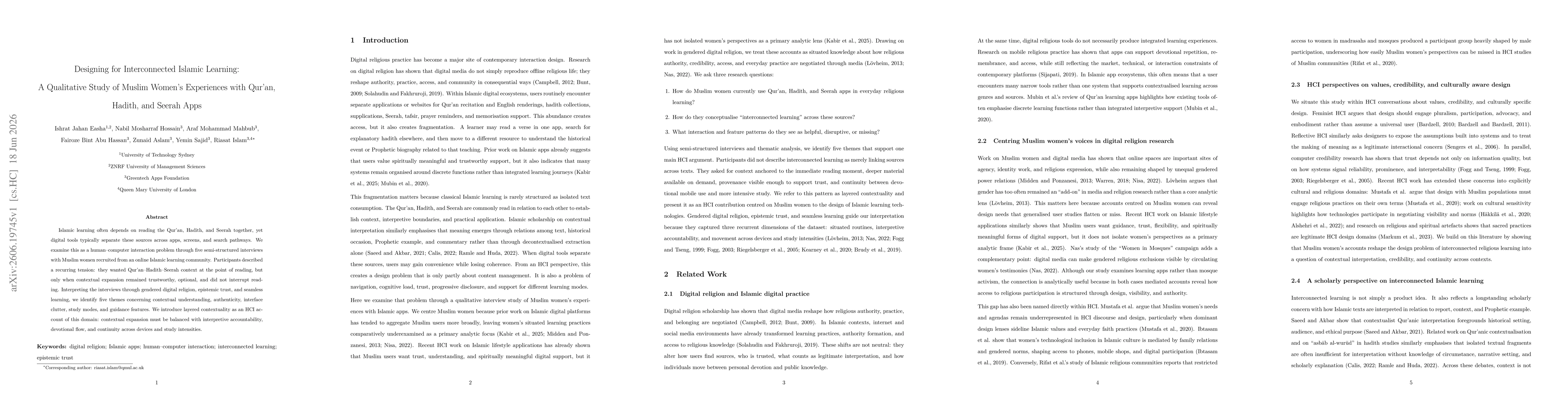 Thumbnail for Designing for Interconnected Islamic Learning: A Qualitative Study of Muslim Women's Experiences with Qur'an, Hadith, and Seerah Apps