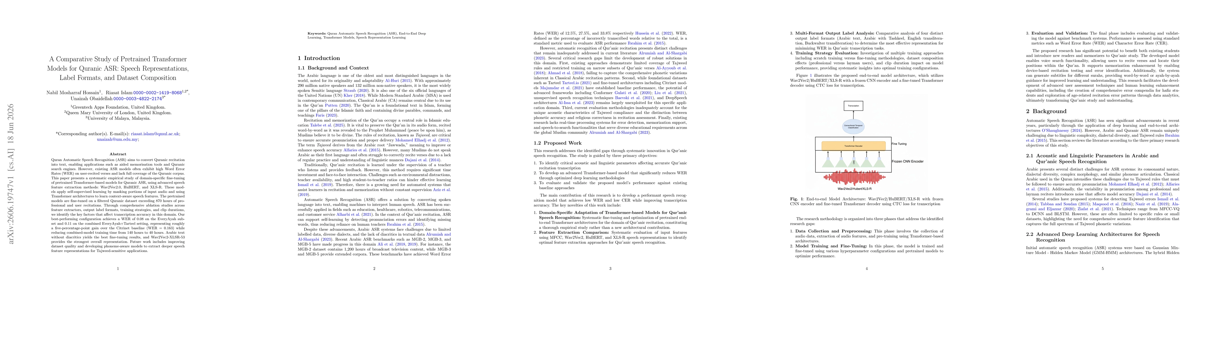 Thumbnail for A Comparative Study of Pretrained Transformer Models for Quranic ASR: Speech Representations, Label Formats, and Dataset Composition