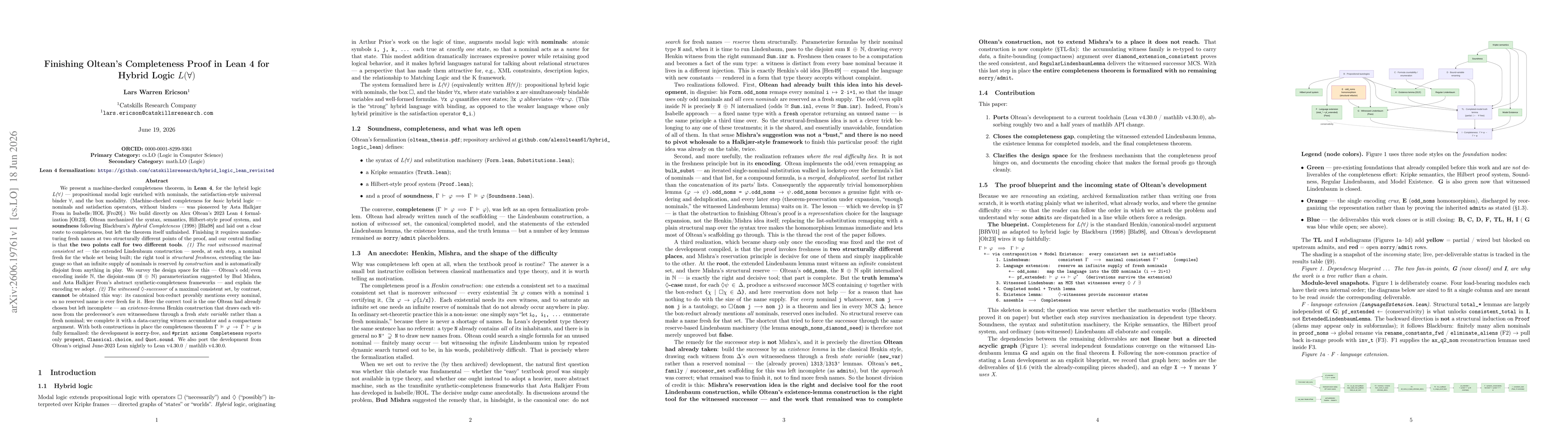 Thumbnail for Finishing Oltean's Completeness Proof in Lean 4 for Hybrid Logic $L(\forall)$