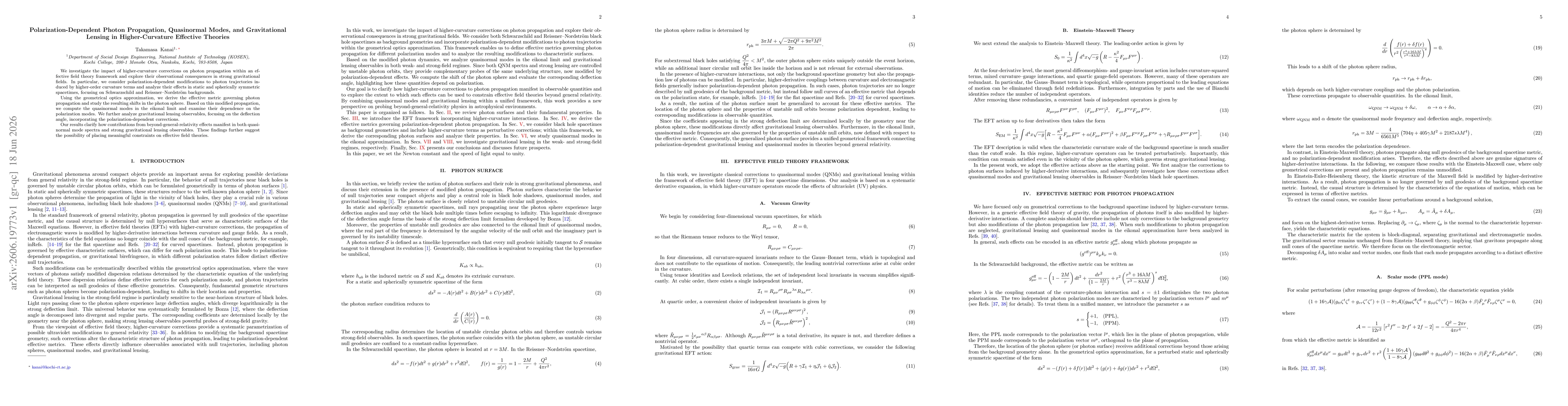 Thumbnail for Polarization-Dependent Photon Propagation, Quasinormal Modes, and Gravitational Lensing in Higher-Curvature Effective Theories