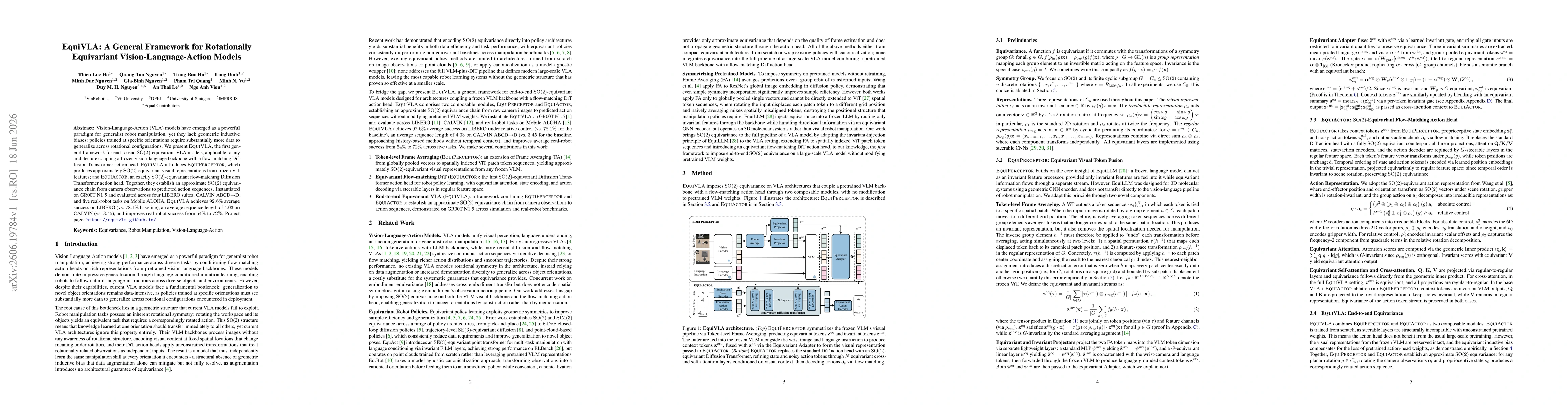 Thumbnail for EquiVLA: A General Framework for Rotationally Equivariant Vision-Language-Action Models