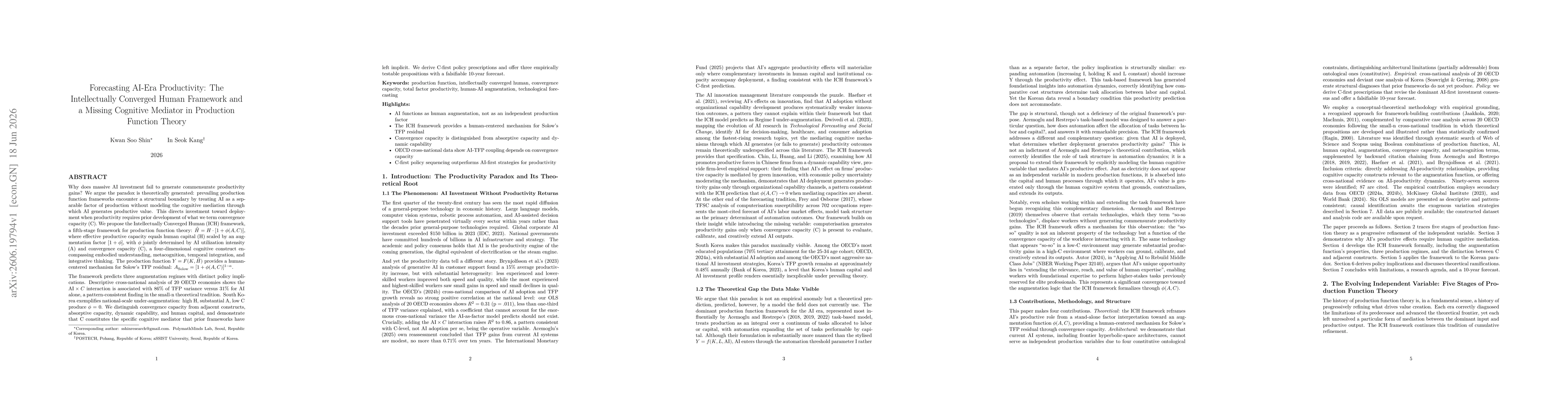 Thumbnail for Forecasting AI-Era Productivity: The Intellectually Converged Human Framework and a Missing Cognitive Mediator in Production Function Theory
