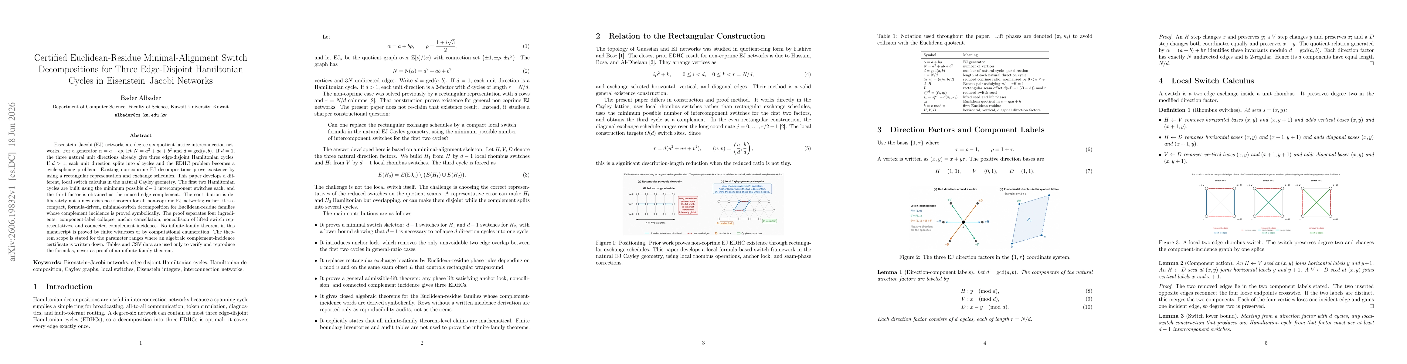 Thumbnail for Certified Euclidean-Residue Minimal-Alignment Switch Decompositions for Three Edge-Disjoint Hamiltonian Cycles in Eisenstein--Jacobi Networks
