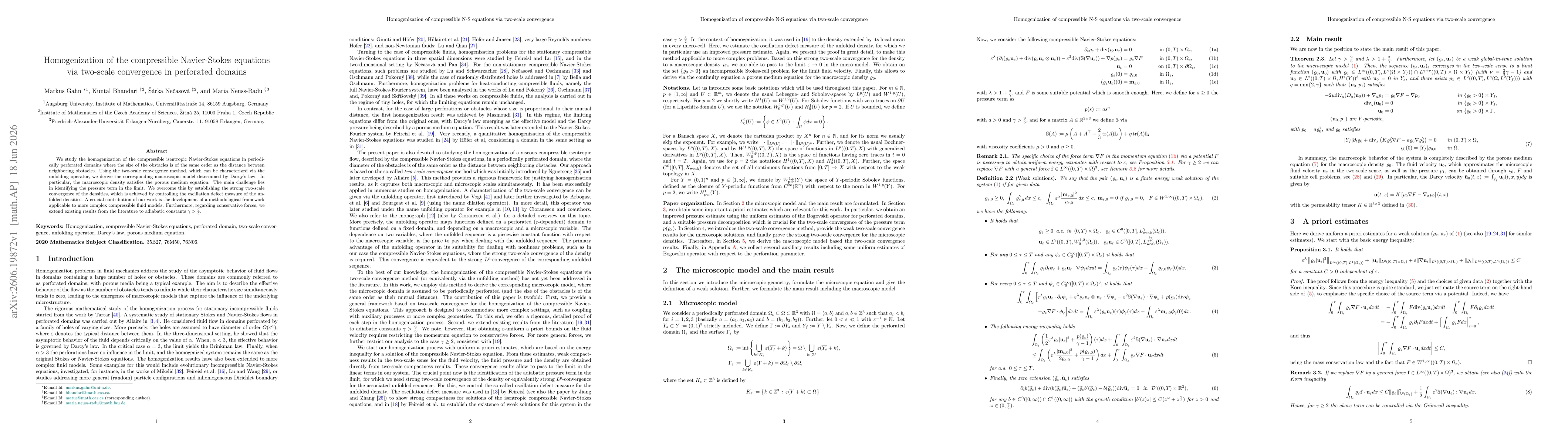 Thumbnail for Homogenization of the compressible Navier-Stokes equations via two-scale convergence in perforated domains