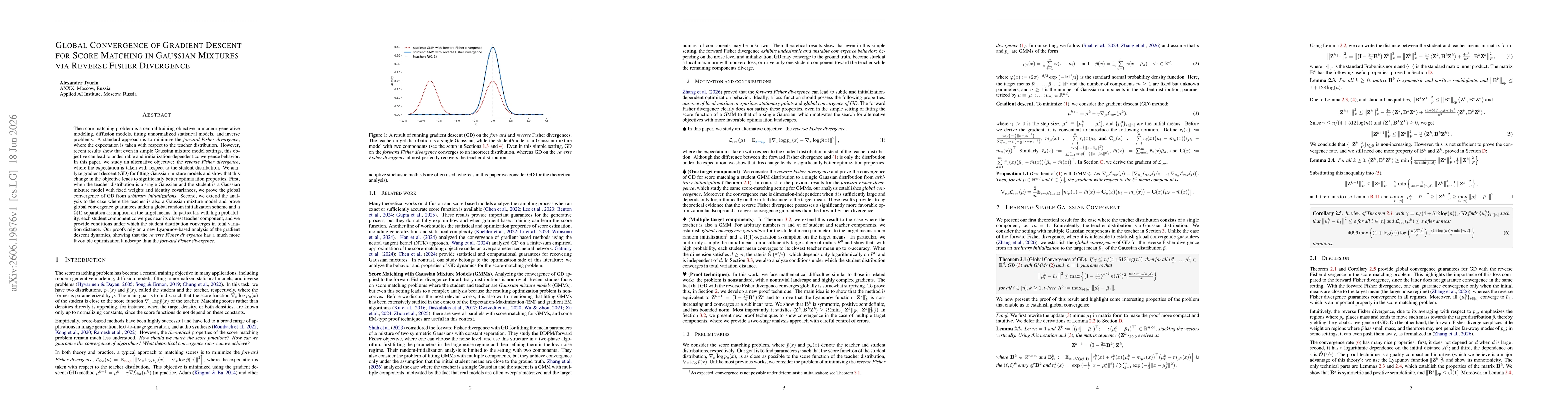 Thumbnail for Global Convergence of Gradient Descent for Score Matching in Gaussian Mixtures via Reverse Fisher Divergence