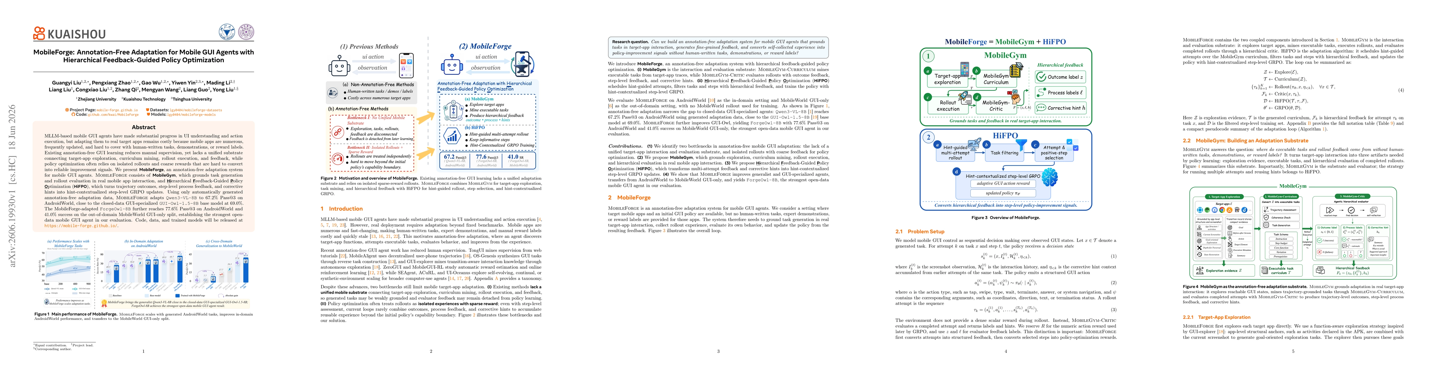 Thumbnail for MobileForge: Annotation-Free Adaptation for Mobile GUI Agents with Hierarchical Feedback-Guided Policy Optimization