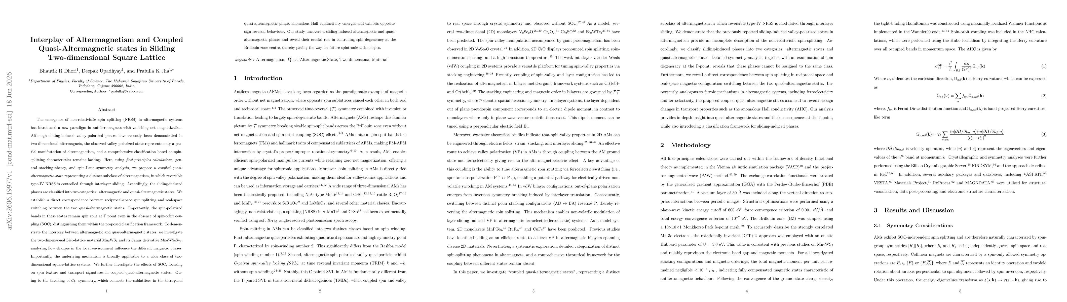 Thumbnail for Interplay of Altermagnetism and Coupled Quasi-Altermagnetic states in Sliding Two-dimensional Square Lattice