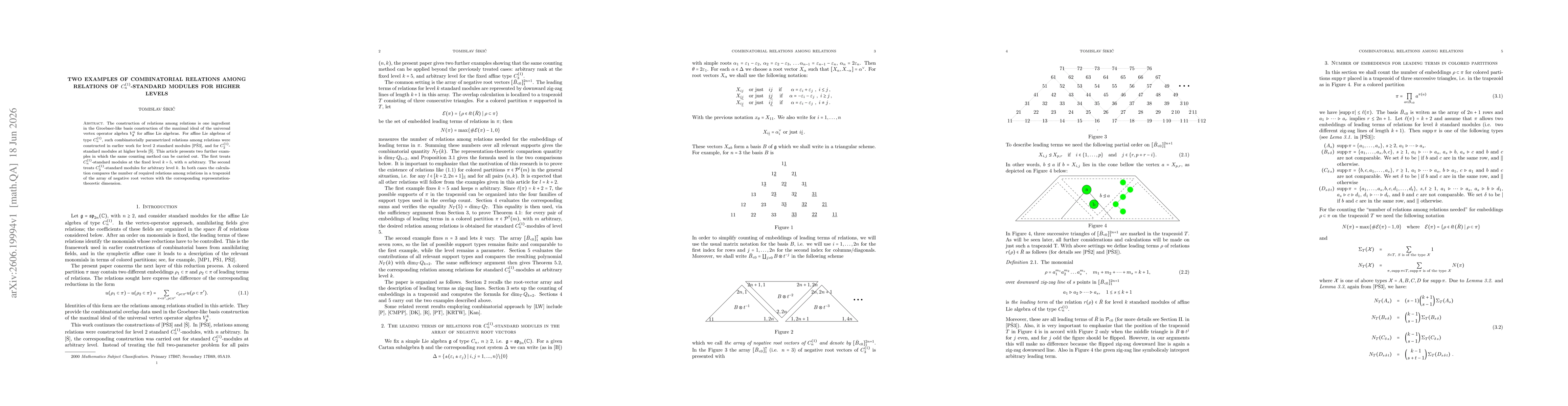 Thumbnail for Two examples of combinatorial relations among relations of $C_{n}\sp{(1)}$-standard modules for higher levels