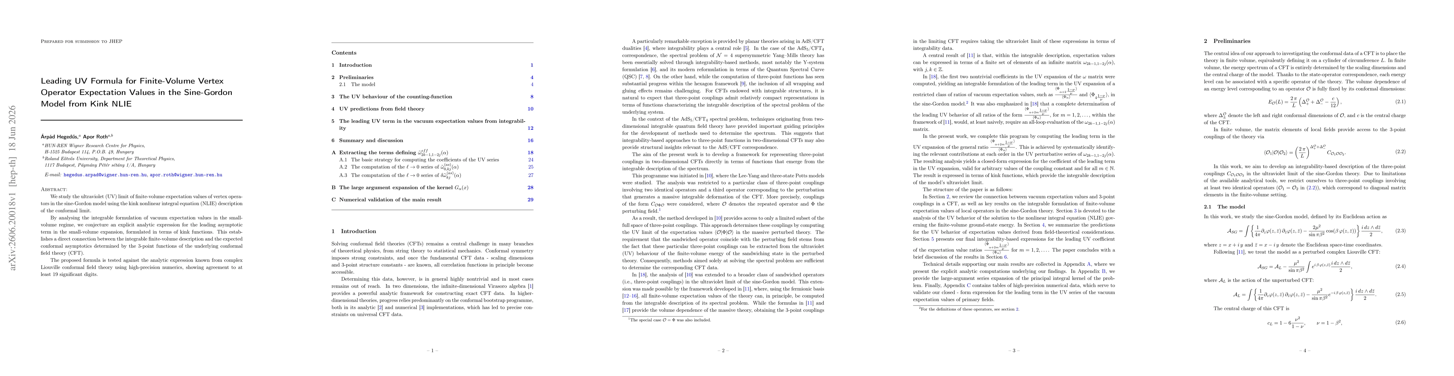 Thumbnail for Leading UV Formula for Finite-Volume Vertex Operator Expectation Values in the Sine-Gordon Model from Kink NLIE