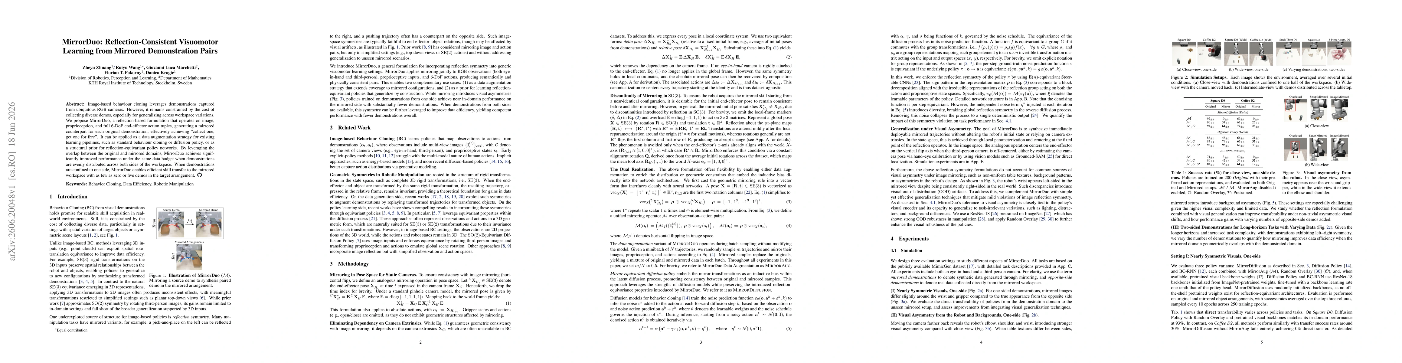 Thumbnail for MirrorDuo: Reflection-Consistent Visuomotor Learning from Mirrored Demonstration Pairs