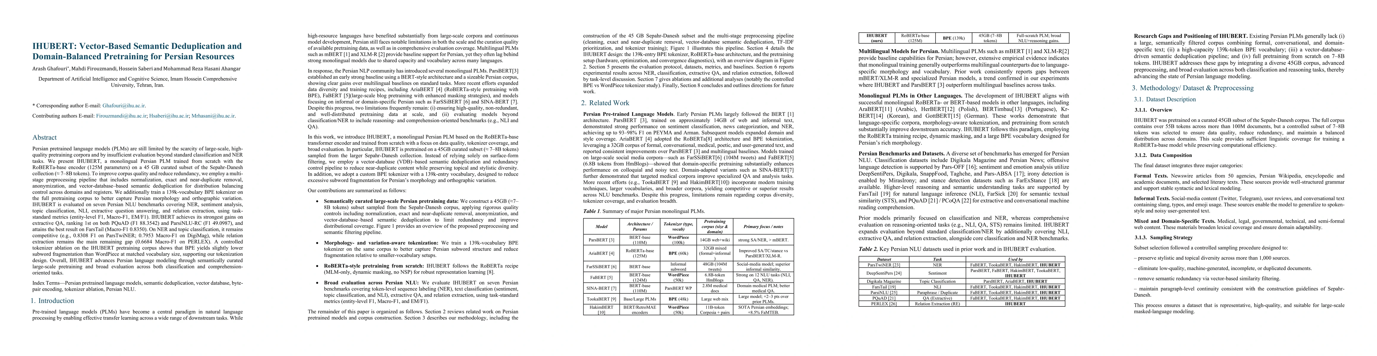 Thumbnail for IHUBERT: Vector-Based Semantic Deduplication and Domain-Balanced Pretraining for Persian Resources