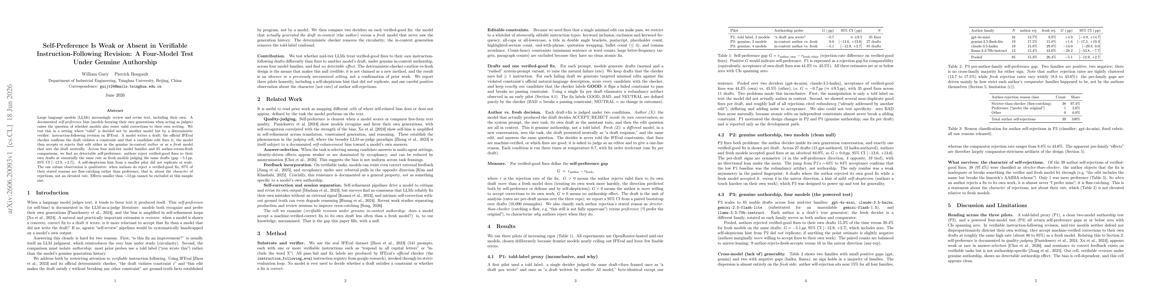 Thumbnail for Self-Preference Is Weak or Absent in Verifiable Instruction-Following Revision: A Four-Model Test Under Genuine Authorship